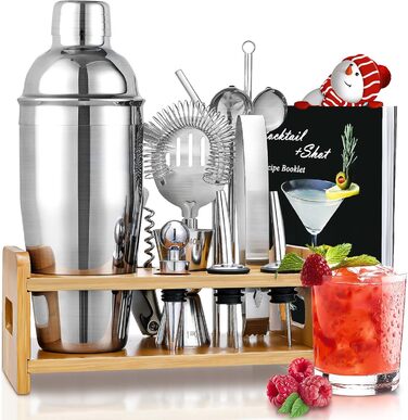 Cocktail Set, Godmorn Stainless Steel Shaker Set, 15-Piece Bartender Set with Improved Bamboo Stand, Recipe Book, Measuring Jigger, and Bar Spoon, 550 ml Gift Set for Home or the Bar