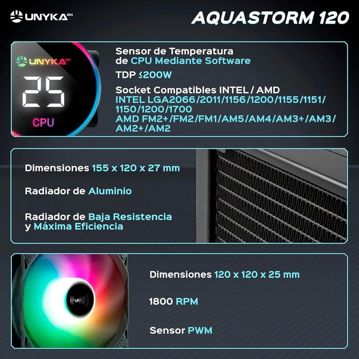 UNYKAch AQUASTORM Black 120 - Рідинне охолодження CPU з RGB вентилятором та датчиком PWM