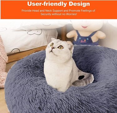 fireowl Donut Dog Bed Large Fluffy: 70cm Soothing Puppy Bed Anti-Anxiety Cat Bed - Plush Pet Bed Round Cozy Washable (L 60 x W 60 x H 20 cm, Grey)