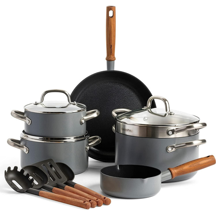 GreenPan Mayflower Pro Harteloxierte Keramische Antihaftbeschichtung, 13-Piece Cookware Set with Ceramic Non-Stick Coating, Vintage Wooden Handle, PFAS-Free, Induction-Suitable, Anthracite Gray Cookware Set 13-Piece