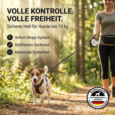 Висувна поводок для собак HUND IST KÖNIG 5м | Для малих та великих собак | Зручна ручка, міцна | Білий, чорний