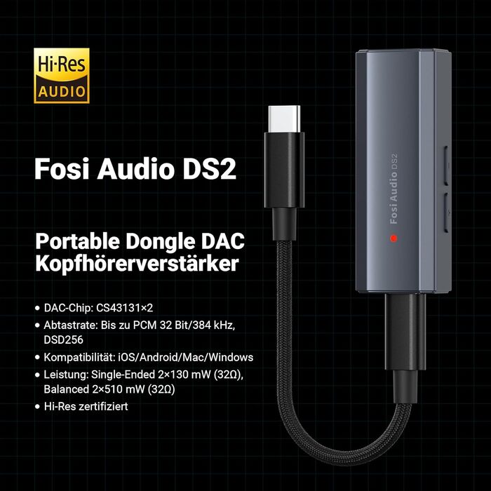 Портативний ЦАП та підсилювач навушників Fosi Audio DS2 з ES9038Q2M, підтримка PCM 32-bit/768kHz та DSD512, 3.5mm та 4.4mm виходи, Hi-Fi аудіо, USB ЦАП для навушників