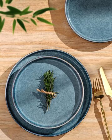 Набір посуду GBhome з каменю, 24 елементи, ручна робота, для 6 осіб, стійкий до миття в посудомийній машині та мікрохвильовій печі, керамічний посуд, блакитний колір