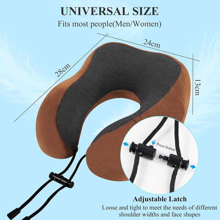 Подушка для шиї у вигляді звірка Memory Foam для дорослих з чохлами для вух, маскою для очей та сумкою. М'яка, дихаюча, ідеальна для подорожей, авто, офісу (колір: коричневий)