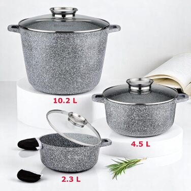 Набір каструль та сковорідок EliteHoff 17 предметів з антипригарним покриттям, сумісний з усіма плитами, нержавіюча сталь, сірий (E-7027)