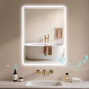 Дзеркало для ванної кімнати з підсвічуванням LED, антизапар, сенсорне керування, регулювання яскравості, 3 кольори світла, овальне, 50x70 см (Bluetooth, антизапар, 80x60 см)