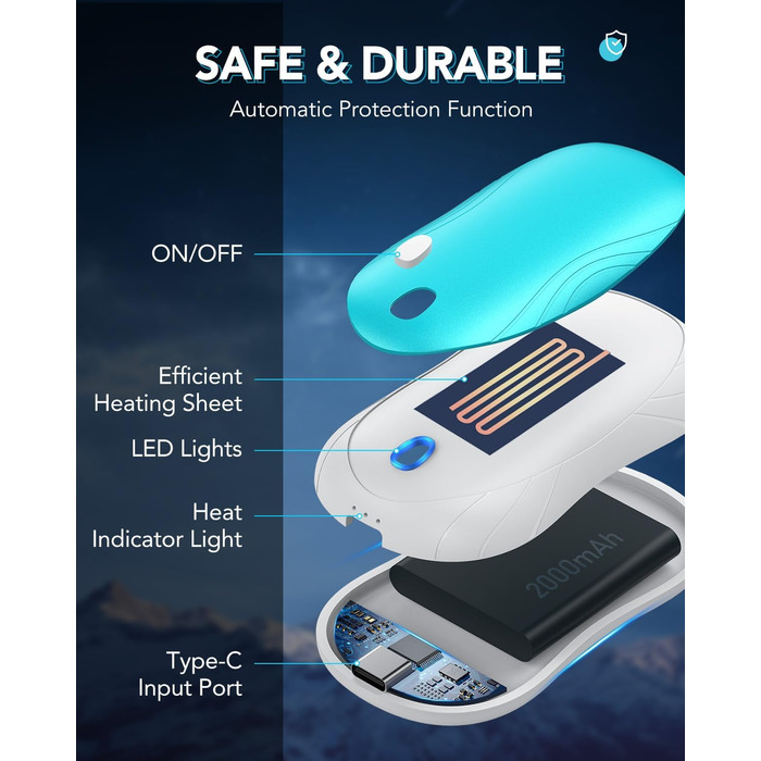 Електричні грілки для рук Cnkeeo, 2 шт. з роздільним магнітним з'єднанням, Powerbank USB, 3 режими нагріву, для активного відпочинку, риболовлі, полювання, чорно-білі (блакитні)