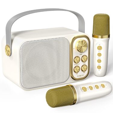 Караоке машина з 2 мікрофонами, портативна Bluetooth колонка для дітей та дорослих з 7 ефектами, біла. Ідеально для вечірок та днів народження