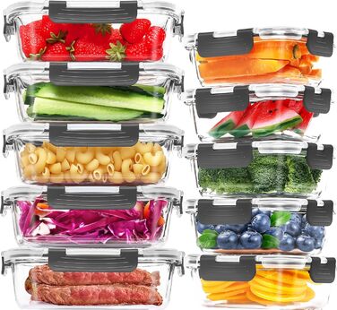 Набір контейнерів для зберігання продуктів Skroam: 10 штук, скло, BPA-free, для мікрохвильової печі та морозильника