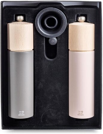 PEUGEOT - Duo Boreal 21 cm Pepper Grinder + Salt Grinder - Stainless Steel Funnel - Classic Setting - PEFC Certified Beechwood - French Know-How - Grey Rock & Pale Pink