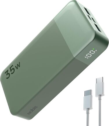 Power Bank Nobis 20000mAh з LED дисплеєм, 35W USB-C, 4 порти, для MacBook, iPhone 15, Samsung S23 (зелений)