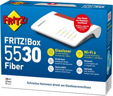 Роутер FRITZ!Box 5530 Fiber для підключення до оптоволоконного інтернету | Wi-Fi 6 (802.11ax), 2.5 Gigabit LAN, до 3 Gbit/s, сумісний з Німеччиною