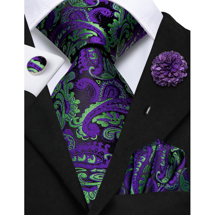 Чоловіча краватка Hi-Tie чорно-рожева з візерунком пає, смужки, крапки, нагрудна хустинка та запонки для весілля, офіційних заходів та бізнесу (чорний, фіолетовий, зелений)