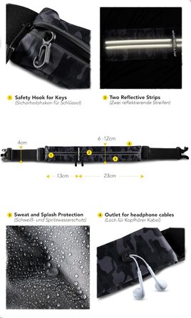 Пояс для телефону Fitgriff® - бігова сумка, поясна сумка, спортивний пояс, біговий ремінь для бігу, спорту, фітнесу. Підходить для всіх смартфонів S–M (62–90 см обхват талії), M-L (85–120 см обхват талії), Camo-black