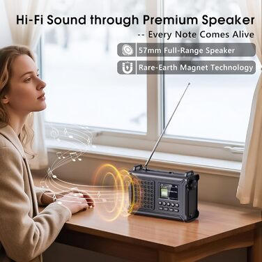 Радіоприймач Kurbelradio з DAB/DAB+/UKW, акумулятор 12000mAh, сонячна панель 8500mm², ручне радіо, Bluetooth 5.0, ліхтарик, ліхтар для читання, Outdoor, кемпінг, зелений (чорний)