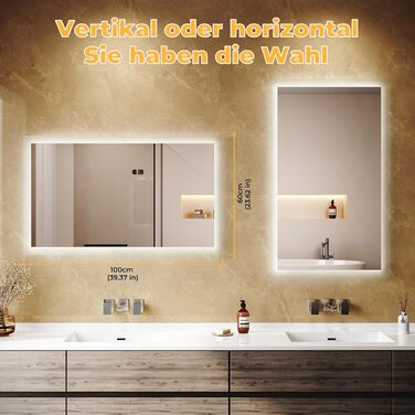 Дзеркало для ванної кімнати з підсвічуванням 60x50x3,5 см, LED, 6400K, холодний білий, економія енергії, вертикальне/горизонтальне кріплення, вимикач на стіні, матові краї