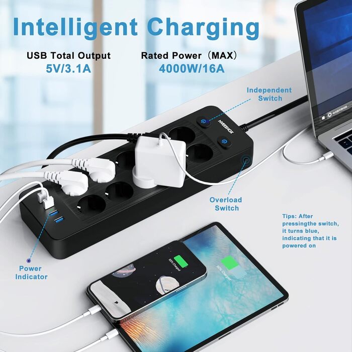 Мережевий фільтр NVEESHOX з 10 розеток, 3 USB-A та 1 USB-C (20W PD), з індивідуальними вимикачами, захист від перенапруги, 2м, для дому та офісу (Чорний)