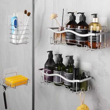 ALOCEO Shower Shelf - No Drilling Required, 4 Pack, Shower Rack with Soap Holder and Toothbrush Holder, Bathroom Shower Organizer, Silver