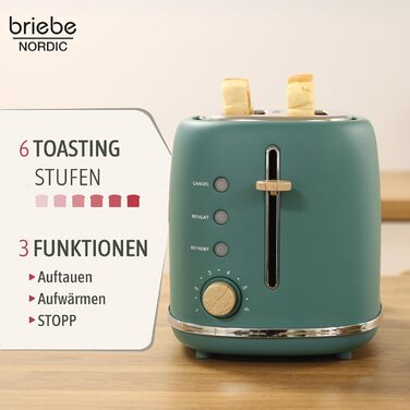 Тостер Nordic з широким слотом, 2-х місний, 6 рівнів підсмажування, функція підігріву та розморожування, зйомний піддон для крихт, північний дизайн, 870 Вт, зелений