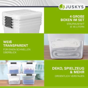 JUSKYS Storage Box with Lid - Set of 4 Plastic Boxes 45L - Large Box, Stackable, Transparent - Storage Organization System Storage Boxes