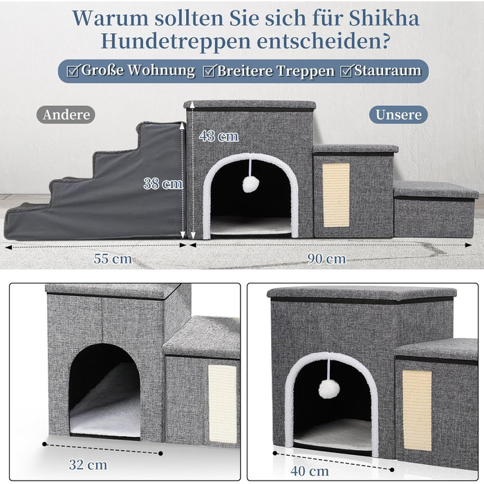 Сходинки для собак Upgrade XL, сірі, 90x35x43 см, 3 сходинки, для великих собак, котів, ліжка, дивана