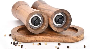 figg Salt and Pepper Grinder Wood Small (15.5 cm) - Set - Spice Grinder with Ceramic Grinder including Wooden Spoon and Wooden Coaster - Suitable as a Pepper and Salt Grinder