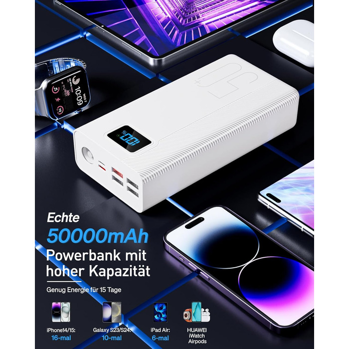 Портативний зарядний Power Bank 50000mAh з 5 виходами та 3 входами, 22.5W, для MP3-плеєрів