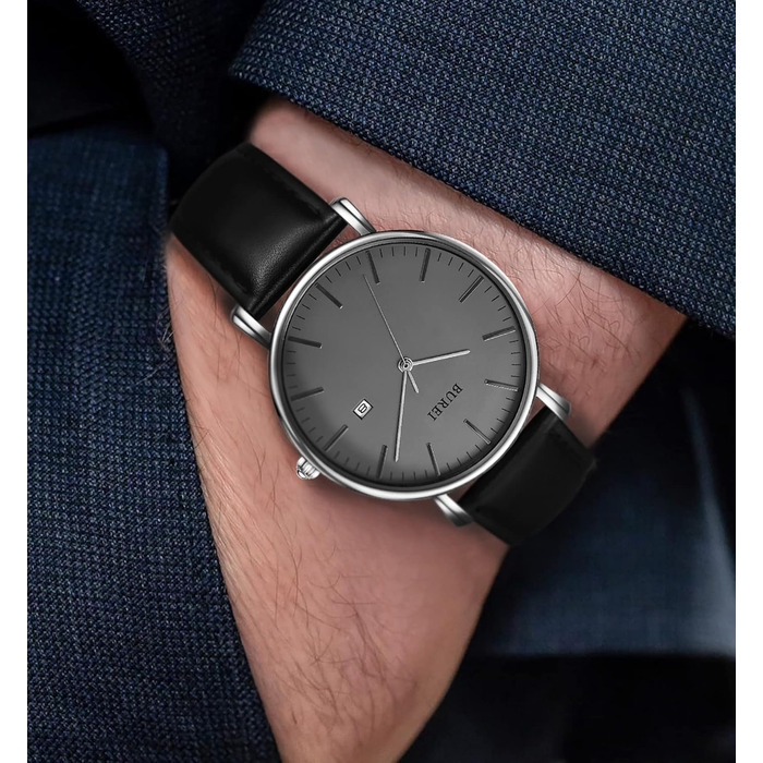 Годинник чоловічий BUREI Ultra Slim аналоговий з датою, кварцовий механізм Japan, шкіряний ремінець, чорний та сріблястий, подарунок для чоловіків