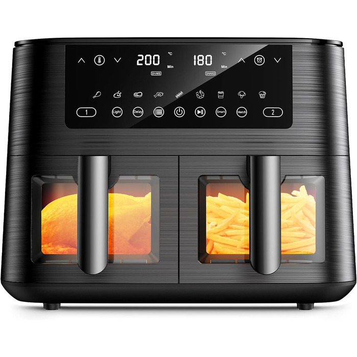 Дво-зонна аерофритюрниця з оглядовим вікном, 9 л XL, подвійний Airfryer, 2 кошики, 9-в-1, сенсорний екран, розумний таймер, для здорового приготування без олії
