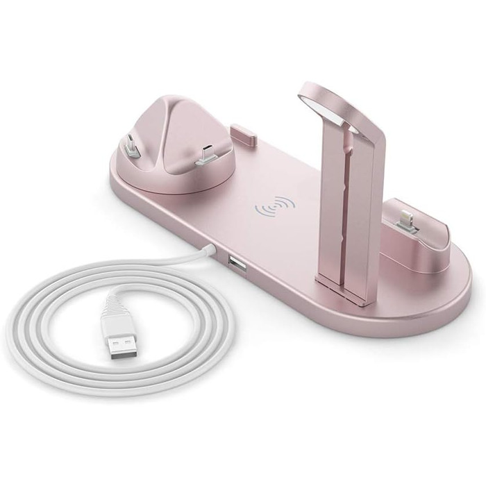База для бездротової зарядки 6-в-1, 360° обертання, сумісна з Apple, Micro, Type-C, Qi, iWatch, AirPods, iPhone, Samsung Galaxy (рожеве золото)