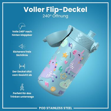 ion8 Insulated Stainless Steel Drinking Bottle 320 ml Leak-Proof One-Handed Opening Secure Locking Dishwasher Safe Flip-Top Lid Carrying Handle Easy to Clean, Durable, Unicorn (Evo, Steel, Alaskan Blue)