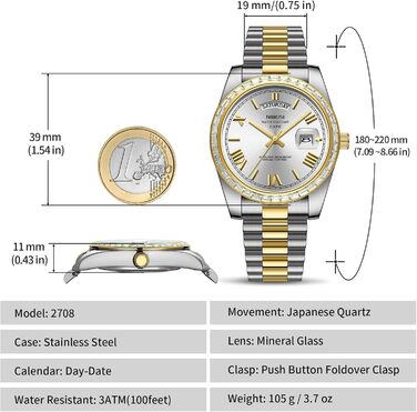 Годинник NIBOSI для чоловіків: аналоговий кварцовий годинник з діамантовою безелем, сталевим циферблатом, рожевим золотом та сріблом. Водонепроникний бізнес-годинник у стилі casual, класичний дизайн з датою та днем тижня (Золотий, Білий)