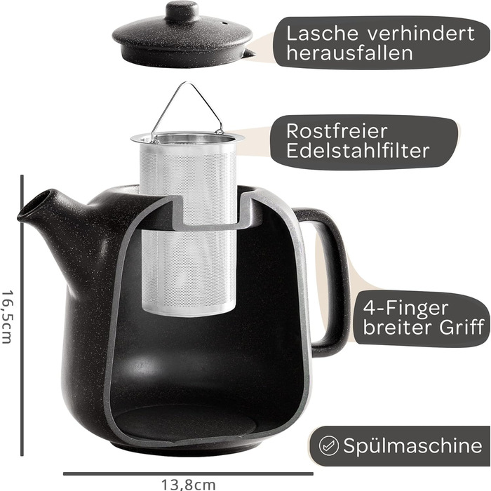 STEINZEIT Design Teapot (1.3L) with 304 Stainless Steel Infuser - Ceramic Teapot with Unique Glaze with Removable Strainer - Black