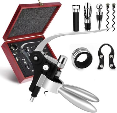 Waiter's knife, wine opener, professional corkscrew made of stainless steel, bottle opener with foil cutter, wine aerator pourer and vacuum stopper, wine accessories. (9-piece stainless steel)