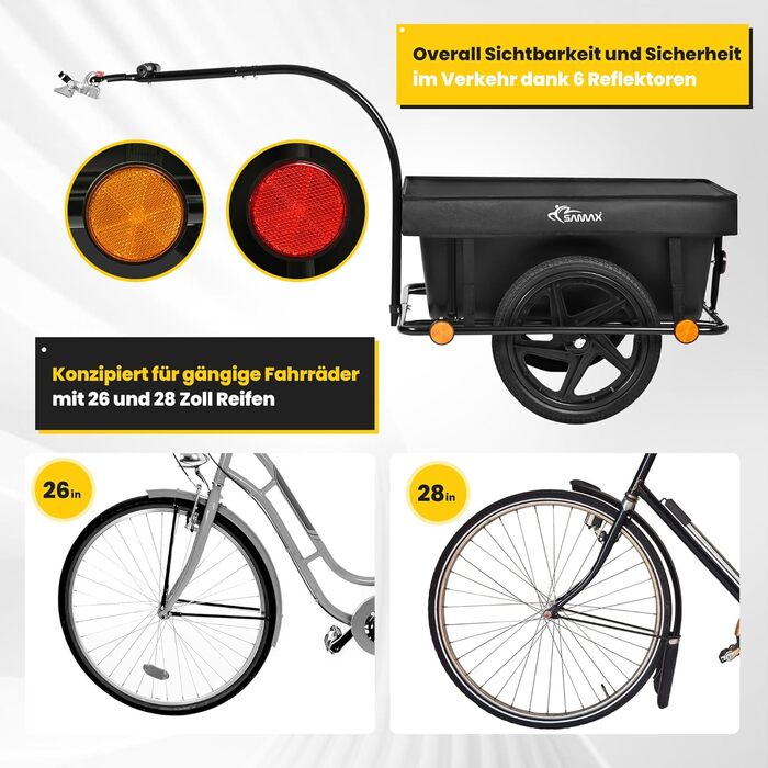 Причіп для велосипеда SAMAX 70 літрів / 60 кг - вантажний причіп з пластиковою ванною, чорний (90л / 80кг, для гірських велосипедів)