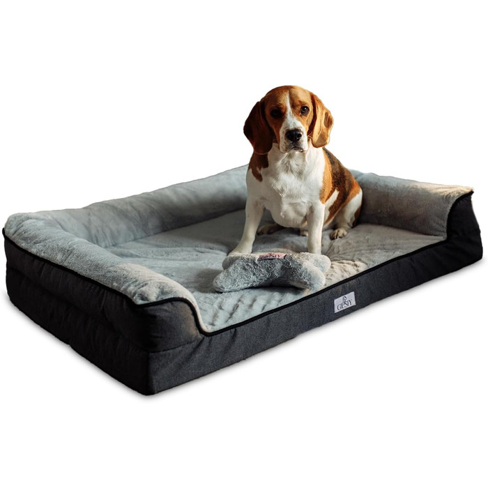 Ортопедичне ліжко для собак великих порід, диванчик для собак з високим бортиком, ліжко для домашніх тварин, собаче ліжко-софа, бавовняне льон та штучне хутро (Сірий, L(90 * 68 * 20 см))