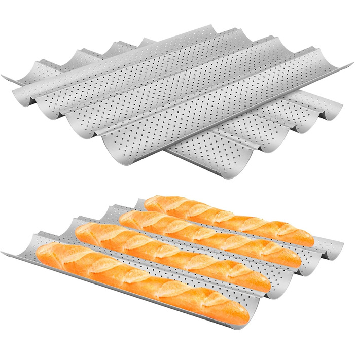 SYUTBOU 3-Piece Baguette Baking Pan, 4-Cavity, 38 x 33 x 2.4 cm Carbon Steel Baking Sheet for Baguettes, 4-Mold Baguette Pan with Non-Stick Coating, Baguette Pan Bread Mold Baguette Pan for 4 Baguettes