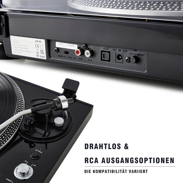 Вініловий програвач Hi-Fi з прямим приводом, преміум-головка звукознімача, Pitch Control ±10%, автоматичний підйом тонарма, 33/45 RPM, чорний глянцевий