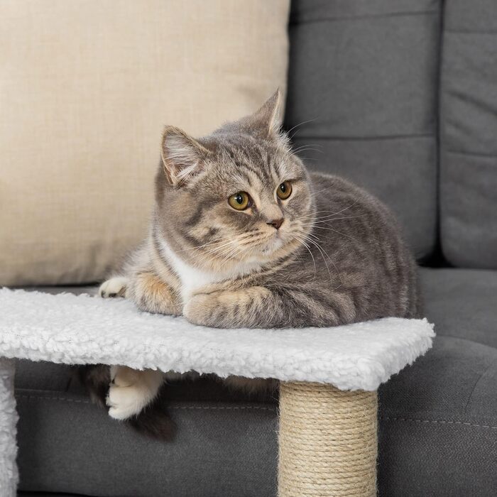 PawHut 3-Step Pet Staircase with Scratching Posts, Ball, Dog Staircase, Animal Staircase for Cats up to 5 kg, Plush Jute, White, 45 x 40 x 48 cm
