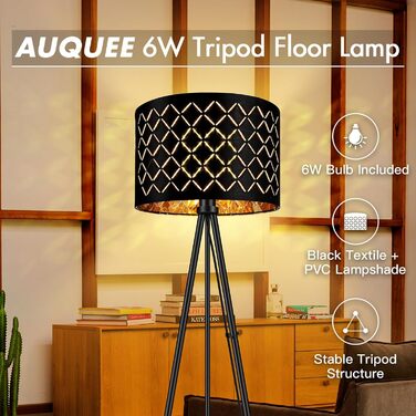 Стійка LED лампа AUQUEE для вітальні, 6W, чорна, сучасна тринога з декоравим абажуром та вимикачем на ніжці, ретро лампа для читання, для вітальні, спальні