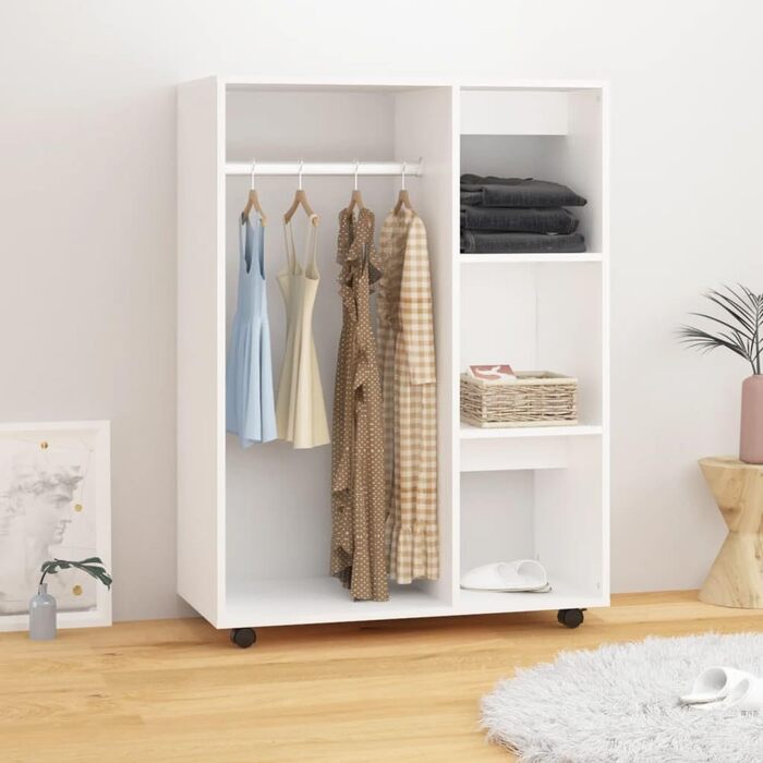 vidaXL Wardrobe with Open Shelf, 3 Side Shelves, Wheels, Coat Rack, Wardrobe, Bedroom, Cabinet, White, 80x40x110cm, Wood Composite