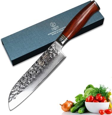 Кухонний ніж Santoku YARENH 18 см з дамаської сталі 73 шари, гострий, дерев'яна ручка, серія HTT