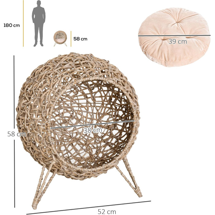 PawHut Rattan Cat House with Cushion, Cat Sleeping Place, Cat Cave with Raised Feet, Natural Ø52 x 58 cm
