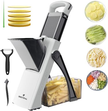 Мандоліна слайсер ONCE FOR ALL Upgrade: великий, регульований, для овочів та фруктів, знімач картоплі фрі, знімні леза (чорно-білий + ніж для очищення)