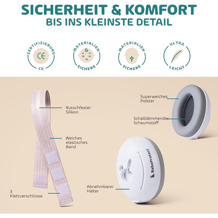 Захисні навушники для немовлят Babeprotect Ear Protect, шумопоглинання 25 дБ, регульовані та комфортні, бежеві (сертифікат CE)