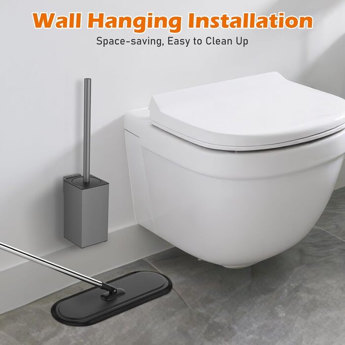 Набір для чищення унітазу з нержавіючої сталі 304, комплект з щіткою та тримачем для стіни, 2 насадки (сірий квадрат)