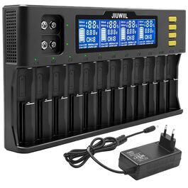 Зарядний пристрій JIUWIIL для акумуляторів 18650 Li-ion/LiFePO4 12+2 слоти, LCD-дисплей, швидка зарядка 26650, 17500, 16340, 14500, 10440, 9V