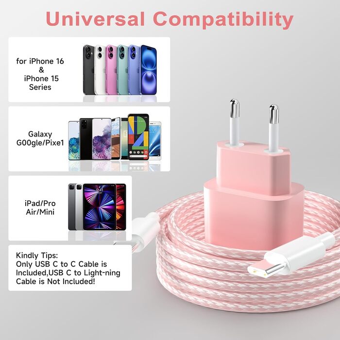 Зарядний пристрій USB-C 20W з кабелем Type-C 2м для iPhone 16/15/Pro/Air (Рожевий) - 2 шт.