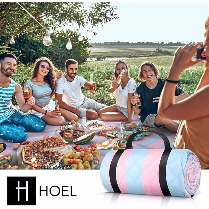 HOEL Picnic Blanket 200x200 cm Water-Repellent + Insulated - Padded Beach Mat XXL - Picnic Blankets - Outdoor Beach Blanket for Picnic Camping Beach