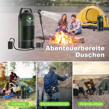 Сонячний душ Tadomoe 20L з насосом та сумкою, 2000mAh, для кемпінгу, пляжу, подорожей (зелений)